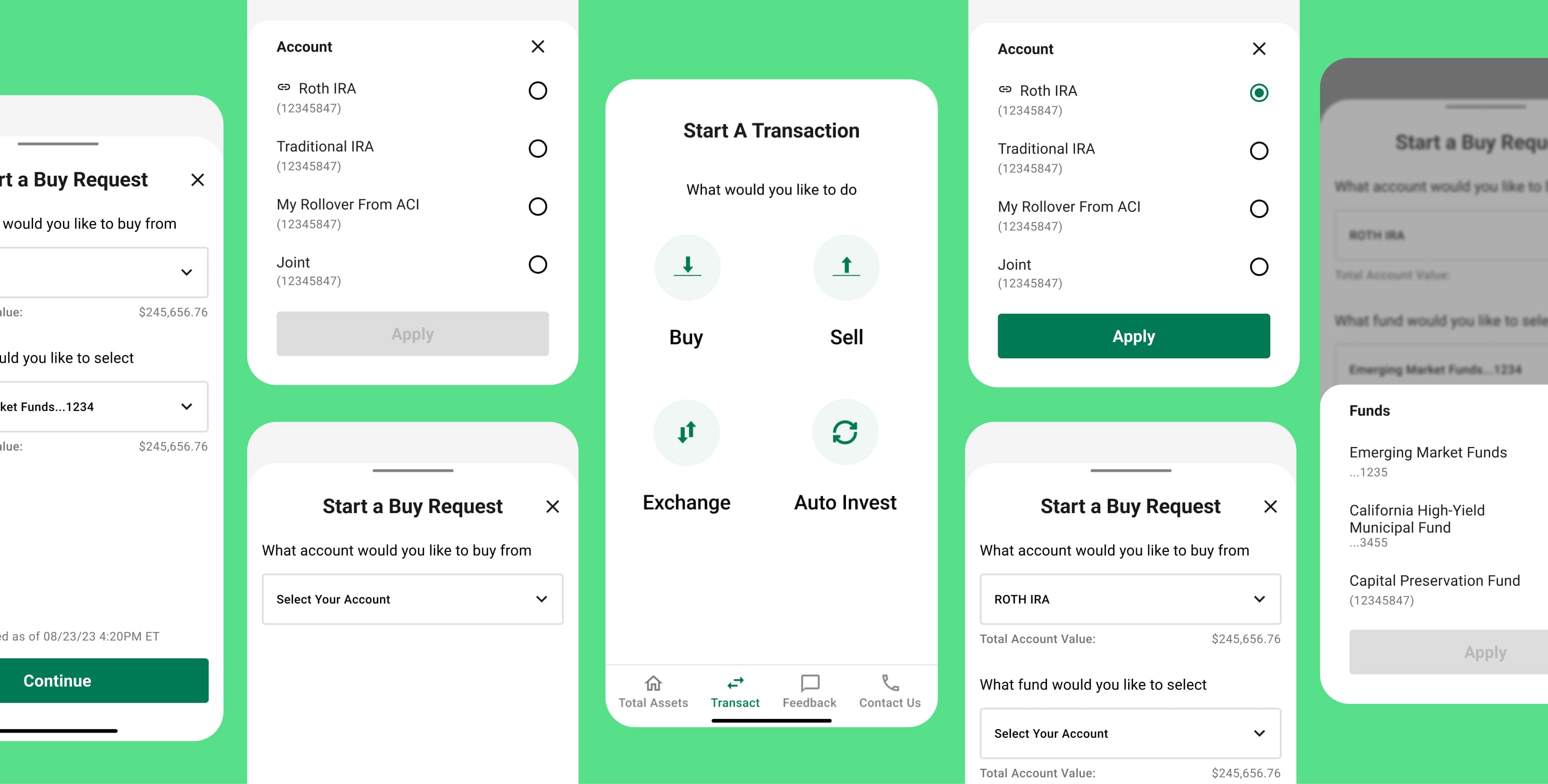 Mobile transaction flow: Buy, Sell, Exchange, Auto Invest tiles plus account and fund selection sheets
